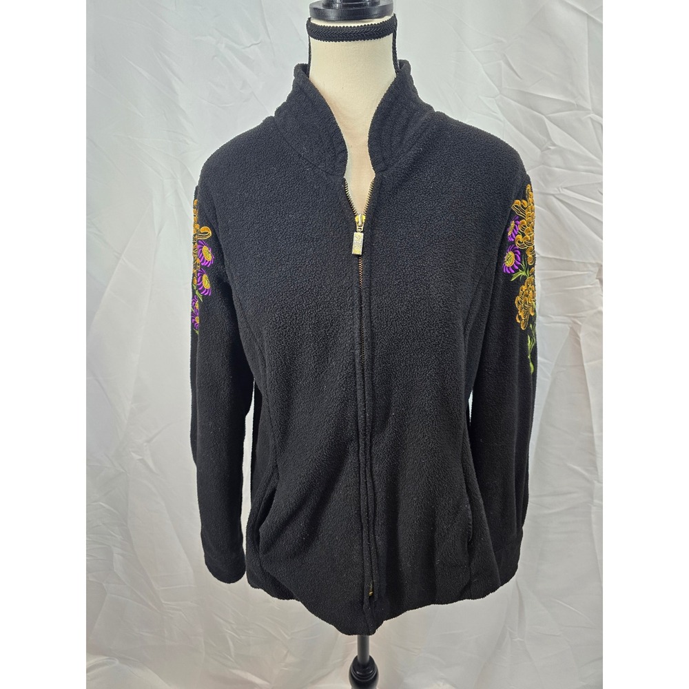 Risa Sage Black Embroidered‎ Floral Fleece Zip Up Jacket Women's Size S